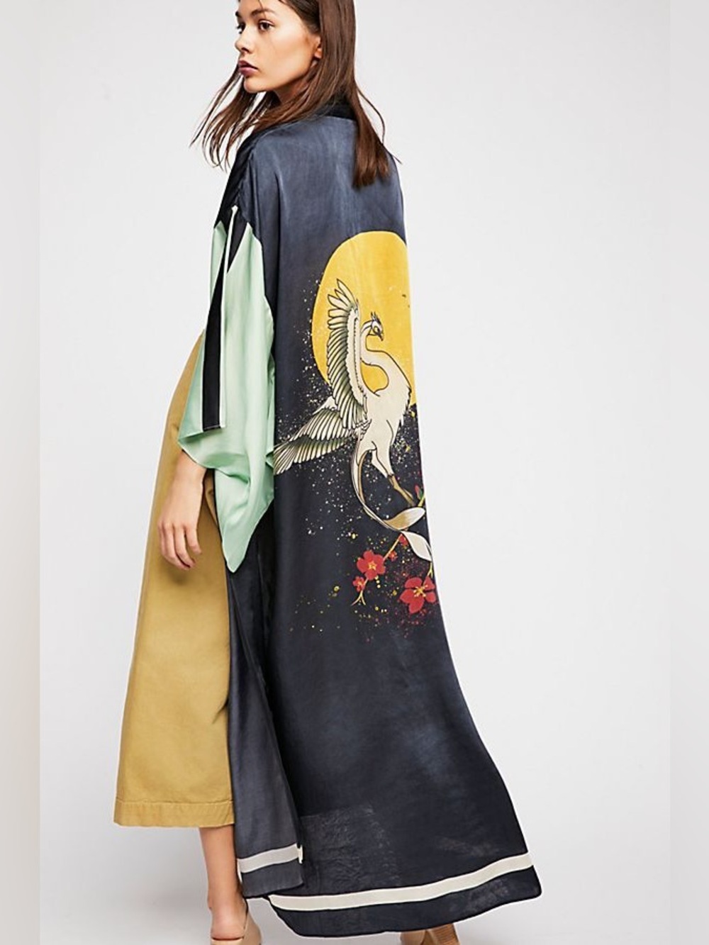 Free People Moon Dance Maxi Robe Kimono Crane Print - One Size